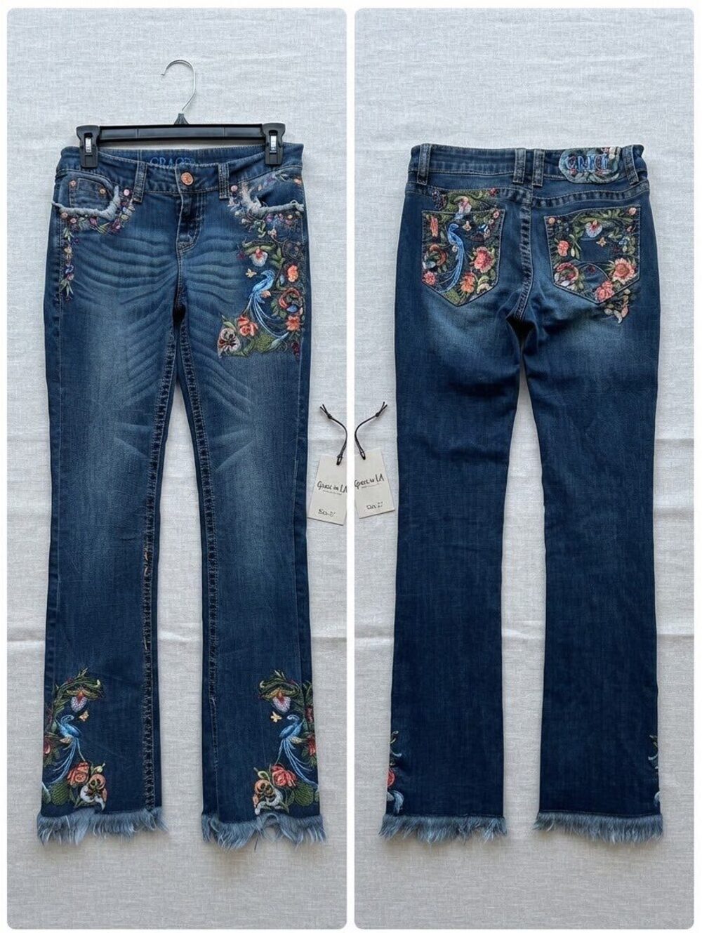 Grace In LA Embroidered Jeans Womens Size 27 Floral Bird peacock